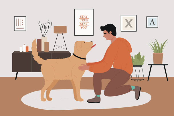 Άντρας κατοικίδιο ζώο ιδιοκτήτης παίζει με το σκύλο φίλο στο άνετο σαλόνι του σπιτιού εσωτερικό, ευτυχισμένη φιλία - Διάνυσμα, εικόνα
