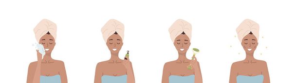 Passaggi di massaggio facciale. La donna fa procedure termali cosmetiche per il viso con rullo in nefrite di giada. La routine mattutina. E 'ora del bagno. Il concetto di cura della pelle. Prodotti biologici. Illustrazione vettoriale in stile fumetto piatto - Vettoriali, immagini
