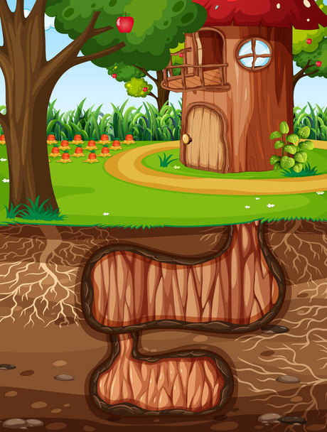 Ondergrondse dierlijke gat met grondoppervlakte van de tuin scène illustratie - Vector, afbeelding