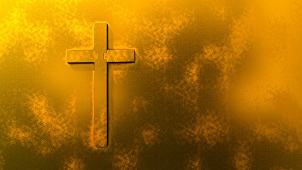 Concepto o cruz conceptual de oro sobre un fondo dorado. 3d metáfora de la ilustración para Dios, Cristo, Cristianismo, religioso, fe, santo, espiritual, Jesús, creencia o resurrección - Foto, imagen