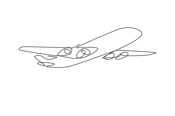 飛行機のシンボル。空のグラフィックアイコン上の単一の連続行の大きな空飛ぶジェット機。輸送コンセプトのためのシンプルな1つのラインドア。白い背景にベクトルイラストミニマリストデザインを旅行 - ベクター画像