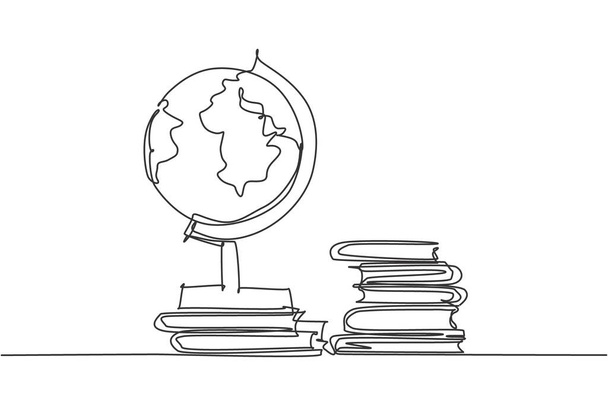 Single one line drawing of globe and stack of books. Earth and book graphic for education concept. Infographics, school presentation isolated on white background. Design vector illustration - Vektor, obrázek