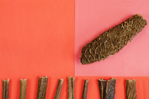 Marketing and advertising of animal products concept. Dog treats on a red and pink background. Dried beef stomach sticks. Natural dried goodies for dogs. Pet. - Photo, Image