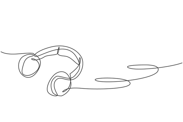 Uma linha contínua de desenho de fone de ouvido no chão a partir da vista superior. Gravação musical conceito de modelo de dispositivo de telefone principal. Design de linha única na moda desenho vetorial ilustração gráfica - Vetor, Imagem