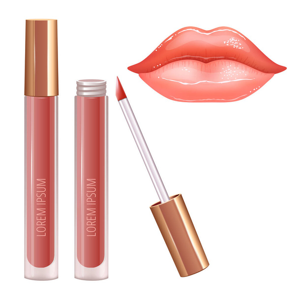 Make-up set for lips with realistic glossy shining smiling lips and liquid lipstick. - Вектор, зображення