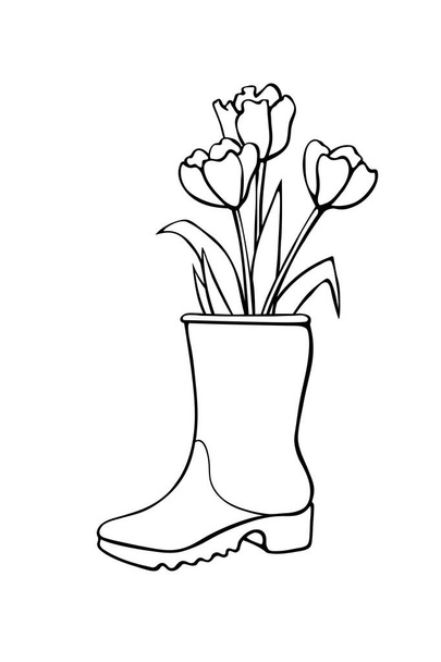 Vector contorno primavera tulipa flores em botas de chuva de borracha. Bonito sazonal primavera ilustração floral. Sapatos como vaso. Elemento de design desenhado à mão, clip art no estilo doodle, isolado.. - Vetor, Imagem