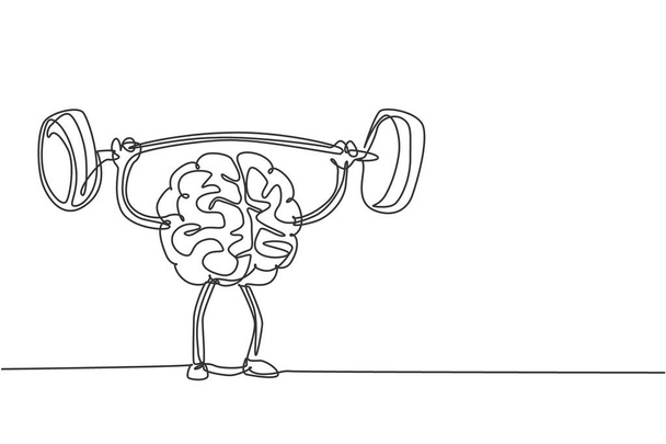 強力な筋人間の脳の持ち上げバーベルのロゴラベルの単一連続線画。新鮮なスマートヘルスキャラクターのロゴタイプのアイコンの概念。現代的な1行のグラフィックデザインのベクトルイラスト - ベクター画像