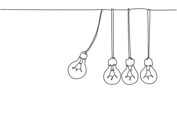 Un seul dessin en ligne continue des ampoules pendule balançant frappé d'autres ampoules logo étiquette. Affiche mur décor concept. Illustration vectorielle de dessin graphique moderne à une ligne - Vecteur, image