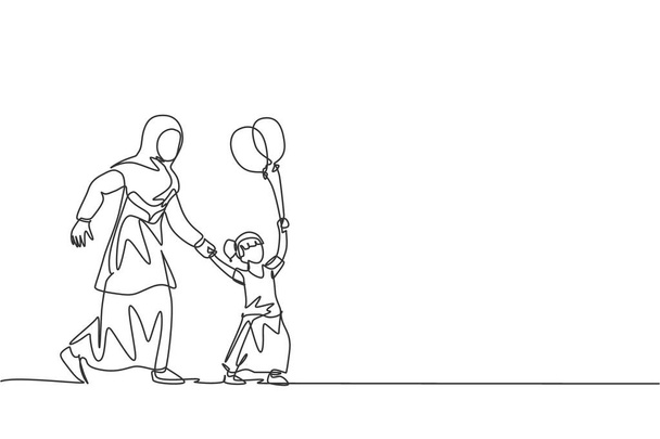 Jedna čára kresba mladé islámské matky a dcery hrát a jít spolu na procházku ve veřejném parku vektorové ilustrace. Šťastný arabský muslimský rodinný rodičovský koncept. Návrh kresby spojité čáry - Vektor, obrázek