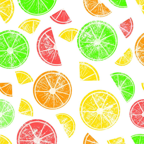 Seamless pattern of colorful citrus slices. Hand-drawn illustration with curved lines in doodle style.Ready design for clothing, fabric and other items. - Photo, Image