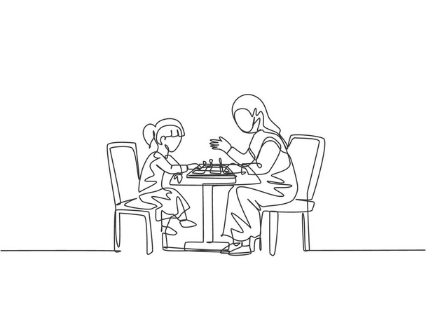 Yksi jatkuva linja piirustus nuori arabialainen äiti opettaa tyttärensä strategiaa ja jokainen sotilas liikkuu pelatessaan shakkia. Islamilaisen onnellisen perheen äitiyden käsite. Yksi viiva piirtää suunnittelu vektori kuva - Vektori, kuva