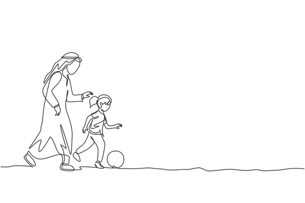 Una sola línea de dibujo del joven padre árabe jugando al fútbol con su hija en la ilustración vectorial del parque de campo. Concepto de crianza familiar musulmana islámica feliz. Diseño de dibujo de línea continua moderna - Vector, Imagen