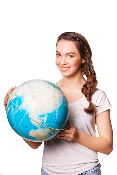 lady holding   world globe. - Foto, afbeelding