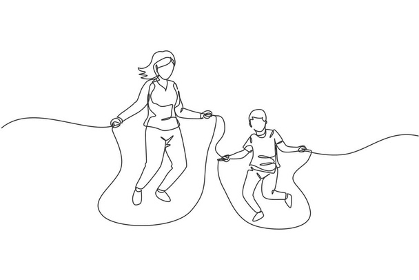Egy folyamatos vonalrajz fiatal anyáról és fiáról, amint ugrókötéllel ugrálnak a közeli parkban. Boldog családi szülői koncepciót. Dinamikus egyvonalas rajz grafikus tervezés vektor illusztráció - Vektor, kép