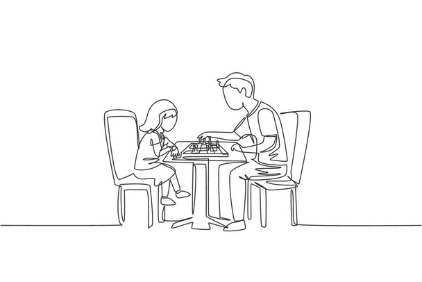 Ενιαία συνεχή γραμμή σχέδιο του νεαρού πατέρα κάθεται στην καρέκλα σκεφτείτε σοβαρά παίζει σκάκι κατά της κόρης του στο σπίτι. Οικογενειακή έννοια της ευτυχίας. Εικόνα διανύσματος σχεδίασης μιας γραμμής - Διάνυσμα, εικόνα