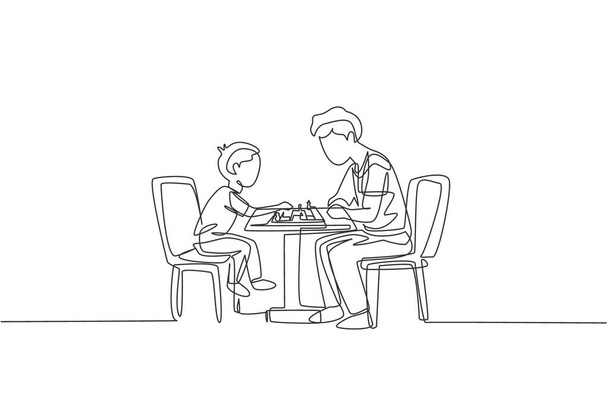 Egy folyamatos vonal rajz fiatal apa és fia ül a széken, és sakk játék együtt otthon. Boldog családi szülői koncepciót. Dinamikus egyvonalas rajz design vektor illusztráció grafika - Vektor, kép