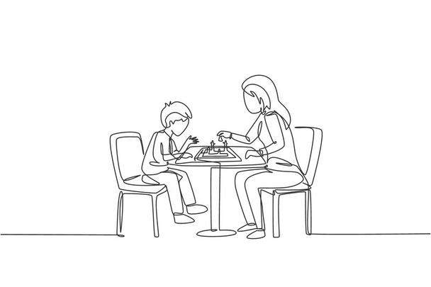 Una sola línea continua dibujo de la joven madre sentada en la silla pensar seriamente jugar al ajedrez contra su hijo en casa. Feliz concepto de paternidad familiar. Trendy una línea dibujar diseño vector ilustración - Vector, imagen