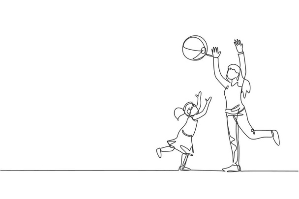 Dibujo de una sola línea continua de jóvenes jugando a lanzar pelota de playa con su hija en casa, crianza feliz. Concepto de cuidado amoroso familiar. Trendy una línea dibujar ilustración vectorial diseño gráfico - Vector, Imagen