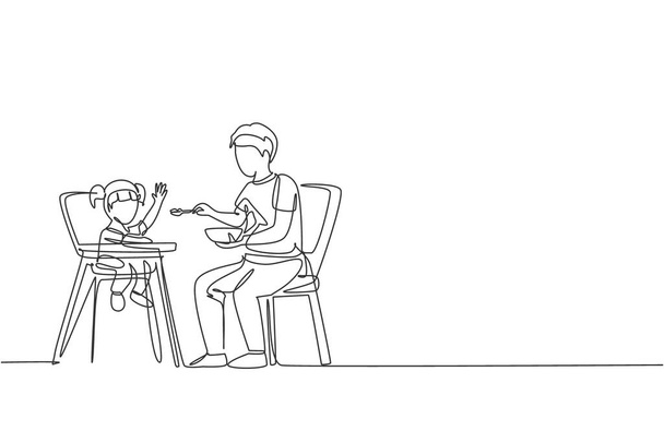 幼い父親が娘に食事を与え、ベビーダイニングチェアに座るという連続した線画。幸せな家族の親の概念。ダイナミックシングルラインドローデザインベクトルイラストグラフィック - ベクター画像