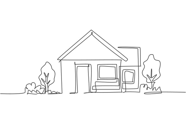 Dibujo continuo de una línea de casita verde con árboles de jardín en el pueblo. Naturaleza casa arquitectura dibujado a mano concepto minimalista. Ilustración gráfica vectorial de diseño de dibujo de línea única moderna - Vector, imagen