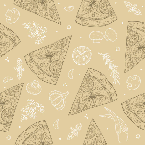Naadloze patroon pizza met kaas, tomaat, knoflook, basilicum, olijf, peper, paddestoel. - Vector, afbeelding