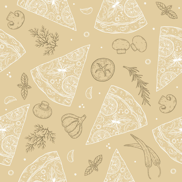 Hintergrund sind Pizza-Zutaten. Lineare Grafik. Tomaten, Knoblauch, Basilikum, Oliven, Paprika, Pilze, Blatt. Nahtloses Muster. - Vektor, Bild