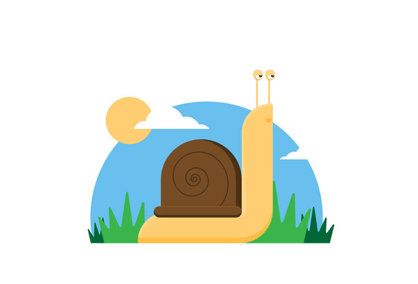 Flat vector cartoon snail with tree and sky - Vektori, kuva