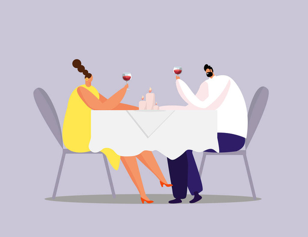 Kadın ve erkek mum ışığında romantik bir akşam yemeği yiyorlar. - Vektör, Görsel