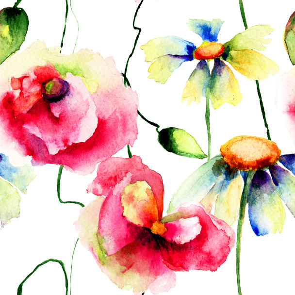 Stylized Poppies and Chamomiles flowers illustration - Zdjęcie, obraz