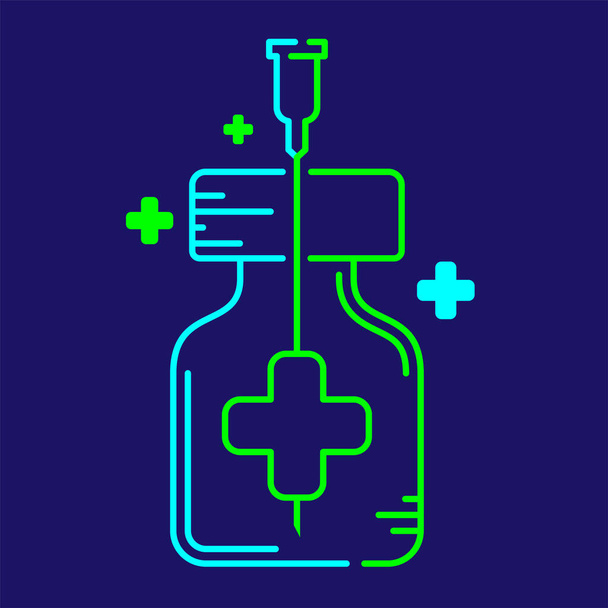 Logo covid-19 εμβόλιο Big Cross σύμβολο σε μπουκάλι και Syringe Tip με σταυρό εικονίδιο, Εμβολιασμός Κοινωνία εκστρατεία φιλανθρωπία έννοια σχέδιο εικονογράφηση μπλε πράσινο χρώμα απομονωμένο σε σκούρο μπλε φόντο - Διάνυσμα, εικόνα