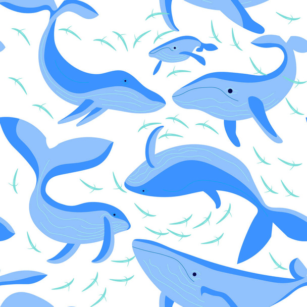 Nahtloses Unterwäsche-Muster mit blauen Walen auf weißem Hintergrund - Vektor, Bild