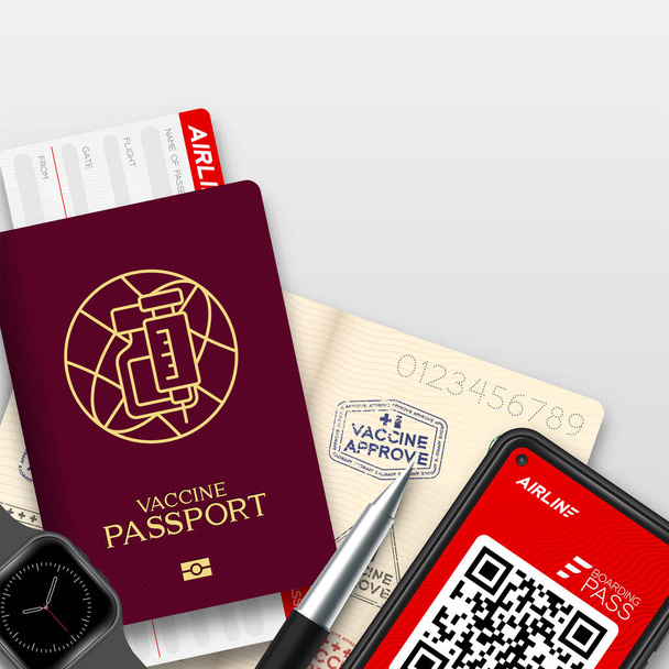 Vaccine passport covid-19 with logo bottle, syringe, global network, Smartphone with E Boarding pass, Economy class, Vaccination Campaign travel bubble concept design top view illustration isolated - Vector, Image