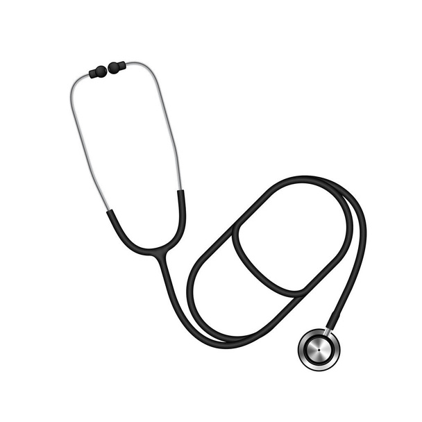 Stetoskooppi musta väri valmistettu Medicine kapseli logo muoto, Covid-19 hoito konsepti suunnittelu kuva eristetty taustalla, kopioi tilaa - Vektori, kuva