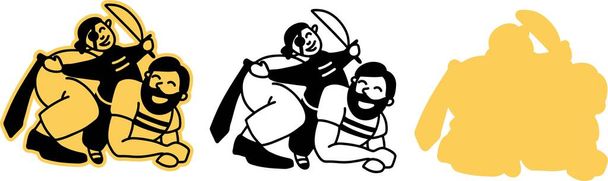 Dad plays with the baby. A father rides his son on his back, dressed as a pirate. A fun joint game of dad and baby. Illustration in black and white, on an isolated background, for cutting on a plotter - Vector, Image