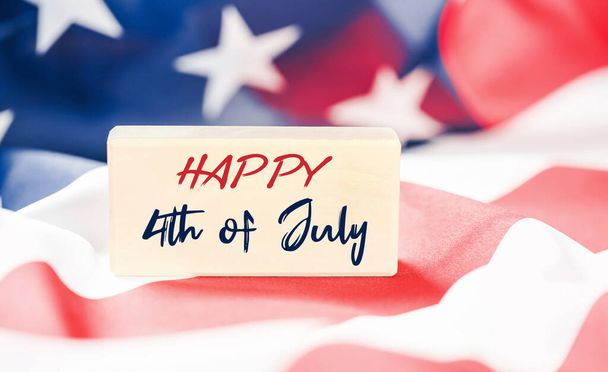 Happy 4th of July text on US American flag. Happy Independence Day USA. Stars and stripes. Copy space. Banner - Foto, afbeelding