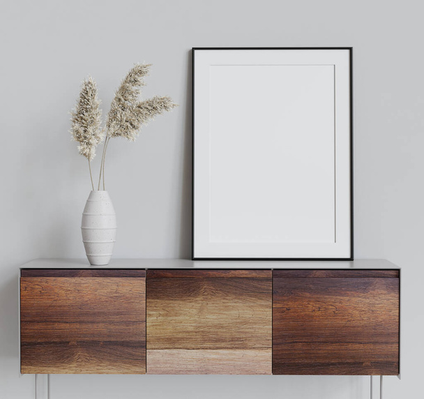 Mock up poster frame on wooden cabinet in simple home interior. 3d render. 3D illustration. - Фото, зображення
