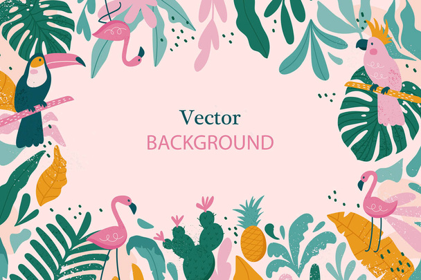 Tropischer Rahmen mit Platz für Text. Hintergrund mit Pflanzen und tropischen Blättern, Tukan, Flamingo und Papagei - Hintergrund für Banner, Karten, Poster. Vecto - Vektor, Bild