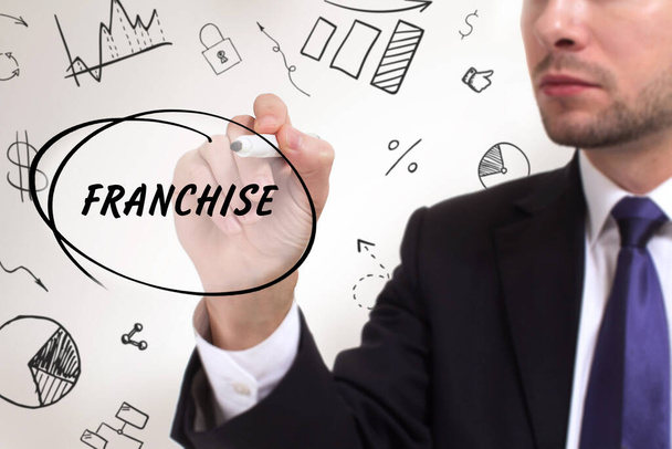 Business, technology, internet and network concept. Young businessman thinks over the steps for successful growth: Franchise - Photo, Image