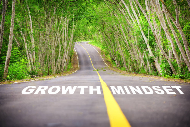 Groei mindset geschreven op asfalt wegdek. Zelfontwikkeling naar succes concept en uitdaging blijven bewegen idee - Foto, afbeelding