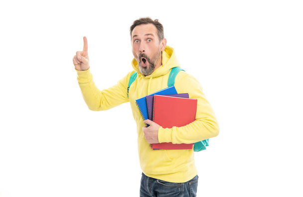 surprised man inspired with idea carry backpack hold notepad for education isolated on white, assay. - Photo, Image