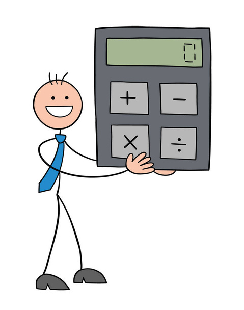 Стікмен бізнесмен персонаж тримає калькулятор і посміхається, векторна мультиплікаційна ілюстрація. Чорний викладений і кольоровий
.  - Вектор, зображення