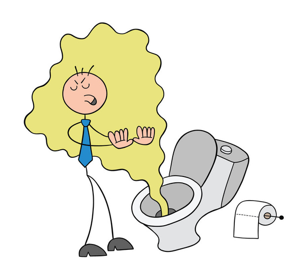 Stickman zakenman karakter in de voorkant van het toilet en het ruikt echt slecht, vector cartoon illustratie. Zwart geschetst en gekleurd.  - Vector, afbeelding
