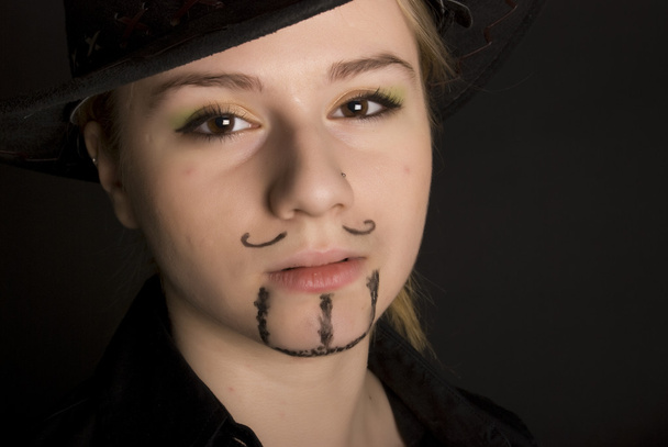 Cowgirl as if cowboy over black - 写真・画像