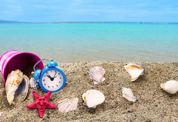 κοχύλια, ρολόι και κουβά σε αμμώδη παραλία με τη θάλασσα στο παρασκήνιο - Φωτογραφία, εικόνα