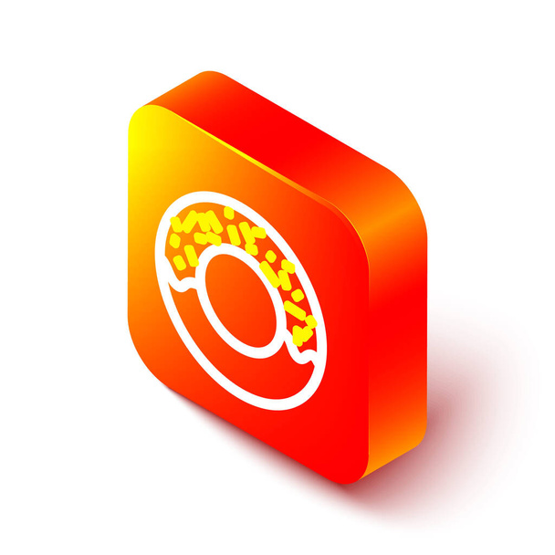 Línea isométrica Donut con icono de esmalte dulce aislado sobre fondo blanco. Botón cuadrado naranja. Ilustración vectorial. - Vector, imagen