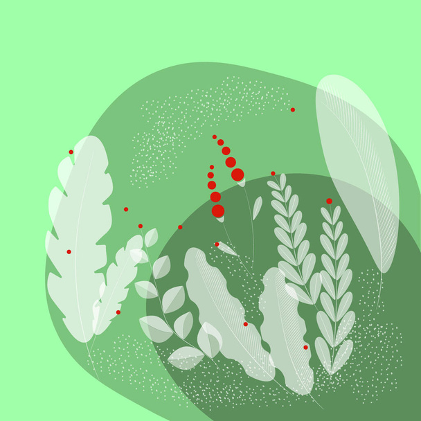 Прозрачные белые листья и абстрактные цветы на зеленом фоне - Вектор,изображение