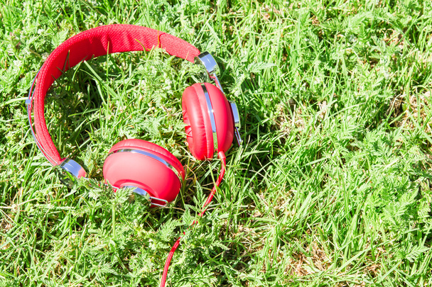 Vibrant red headphones on fresh glade - Zdjęcie, obraz