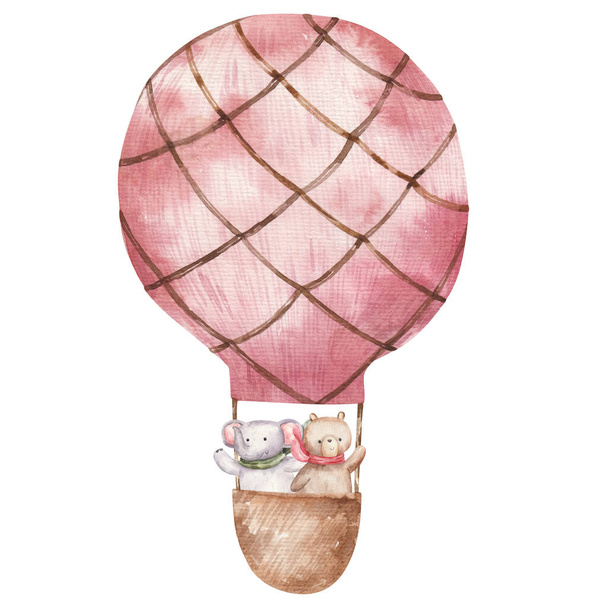 χαριτωμένο ζώα κινουμένων σχεδίων σε αερόστατο θερμού αέρα μπλε, παιδική ακουαρέλα εικονογράφηση, εκτύπωση, σχέδιο - Φωτογραφία, εικόνα