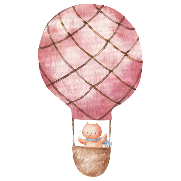 милый мультфильм животных в воздушном шаре голубой, детские акварели иллюстрации, печать, дизайн - Фото, изображение