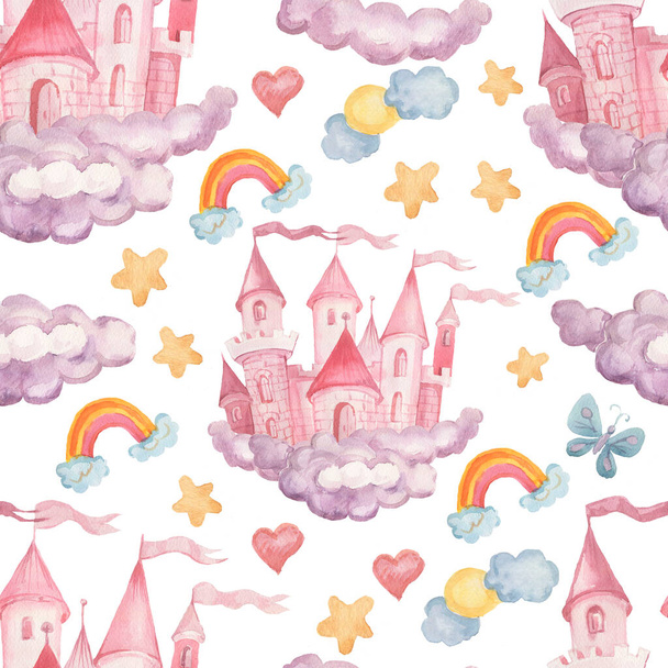 Fairy princess castle hand drawn watercolor illustration. Patern seamless set print textile background clipart for little girls for the holiday congratulations - Photo, Image